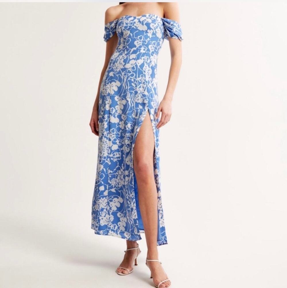 NWT Abercrombie & Fitch Camille Blue White Floral Off Shoulder Maxi Dress PS